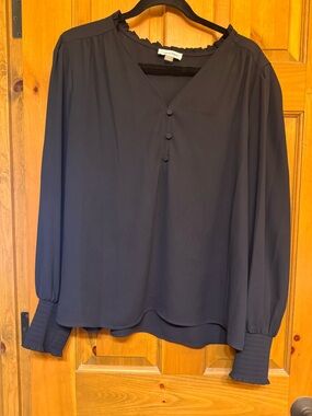 Calvin Klein Navy V-Neck Long Sleeve Blouse with Ruffle Trim